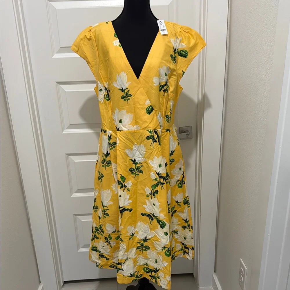 New York & Company Yellow Wrap Midi Dress with Flutter Sleeves - Picture 1 of 2